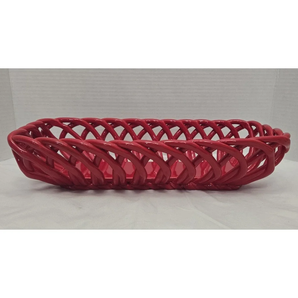 Pioneer Woman Bread Fruit Bowl Basket Stoneware Christmas Red Open Weave Lattice